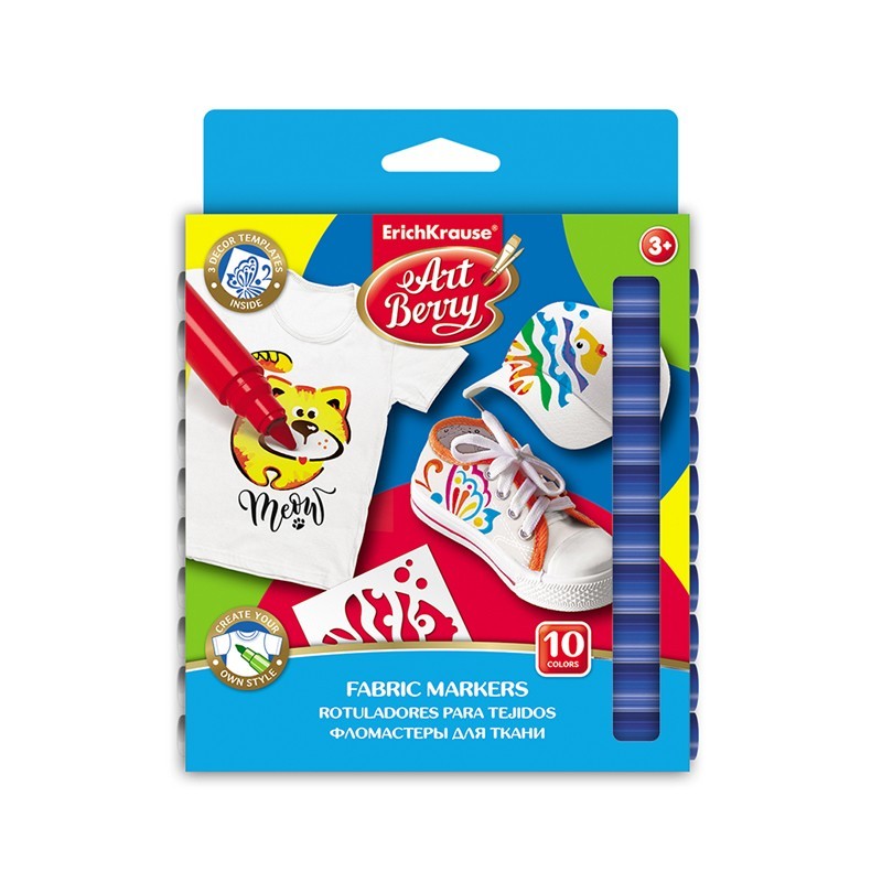 Markere pentru textile, set 10 culori, 3 sabloane, cerneala rezistenta la apa si UV, uscare rapida - imagine 3